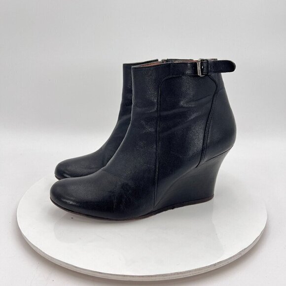 Lanvin Women Size 6 Black Patent Leather Buckle Side Zip Ankle Wedge Boot - Picture 1 of 16